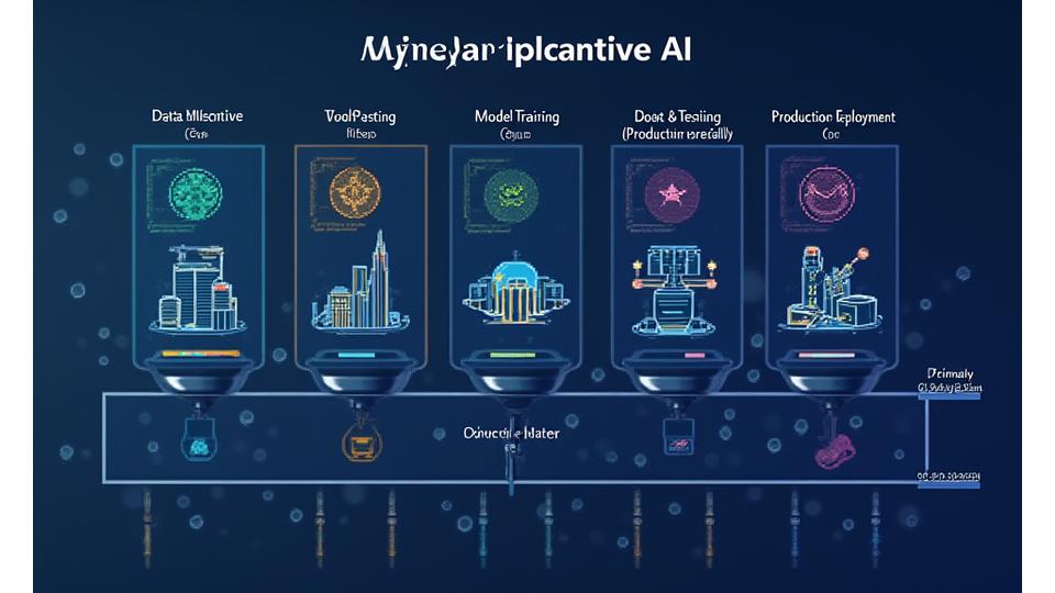 Interaktyvi AI sistemos įdiegimo laiko juosta, rodanti duomenų rinkimą, modelio apmokymą, testavimą ir paleidimą su progresu.
