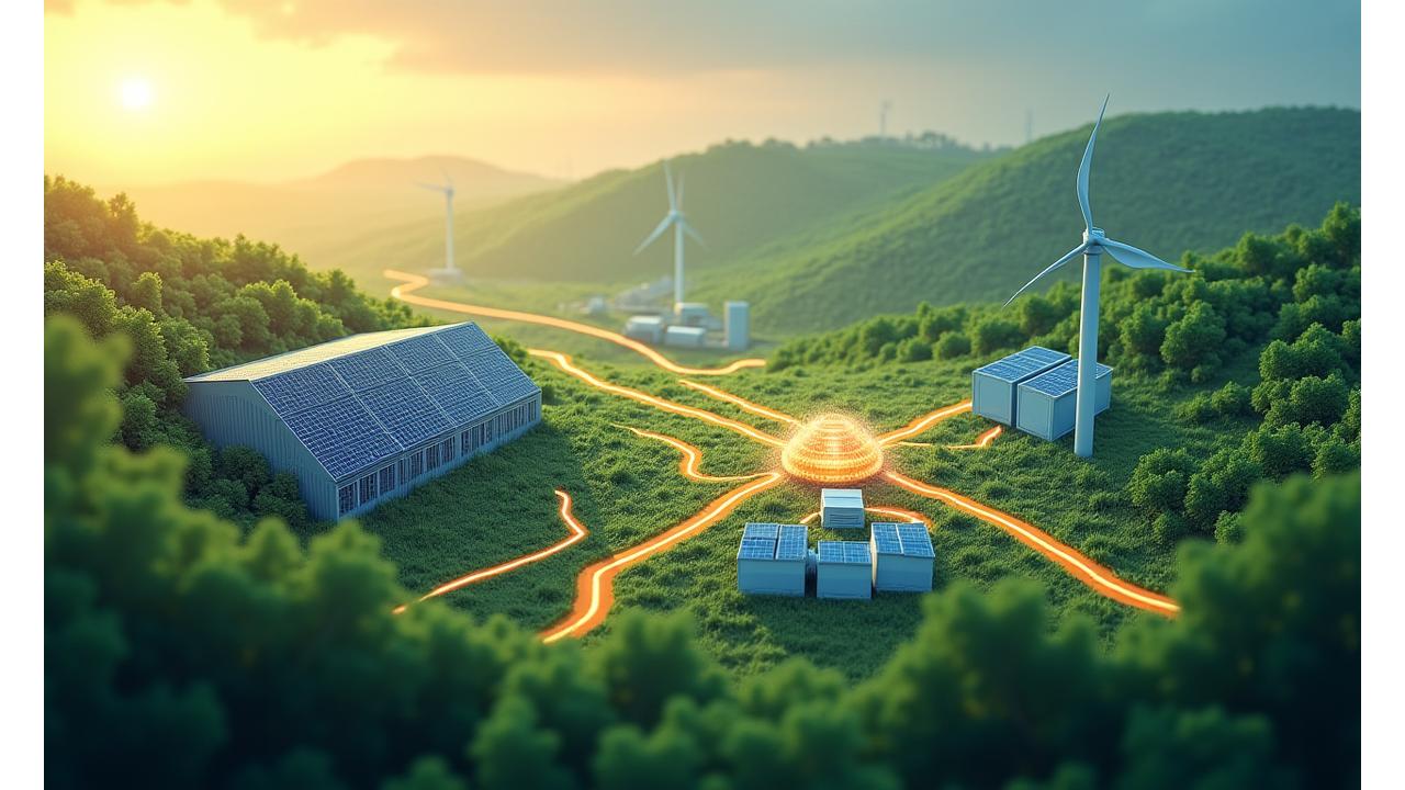 Kompleksinė hibridinės energijos sistemos schema su saulės, vėjo ir baterijų saugojimo modulių pavyzdžiais