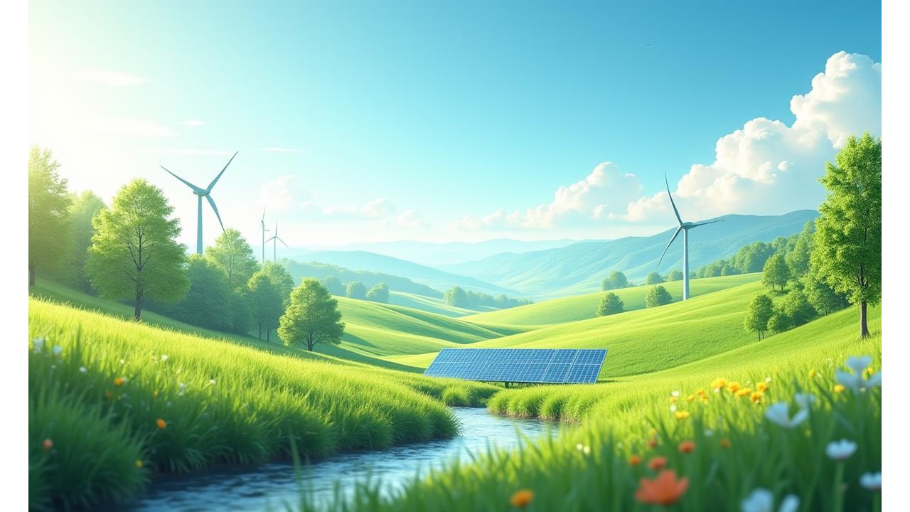 Vizualizacija, rodanti anglies dvideginio emisijų mažinimą dėl hibridinių elektrinių, su švaria gamta ir klestinčia ekosistema fone.