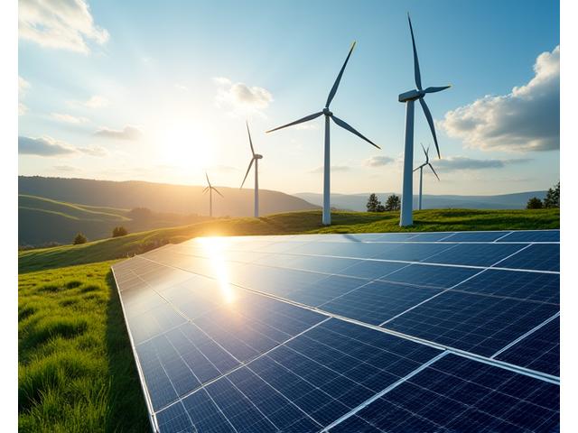 Saulės modulių laukas su vėjo turbinomis šalia, simbolizuojantis hibridinę energijos gamybą Lietuvos kraštovaizdyje su kylančia saulės kreive ir vėjo generacijos kreive fone.