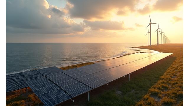 Klaipėdos pakrantės vėjo ir saulės integracija su moderniomis turbinomis ir saulės baterijomis prie Baltijos jūros.
