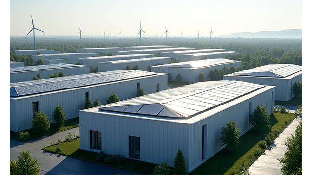 Šiaulių pramoninės zonos paskirstyta hibridinė sistema ant pastatų stogų ir šalia esančioje atviroje vietoje.