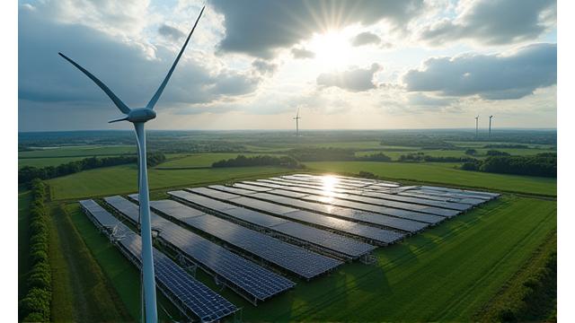 Utenos rajono 25MW hibridinės energijos parkas su saulės baterijomis ir vėjo turbinomis, integruotomis į kraštovaizdį.