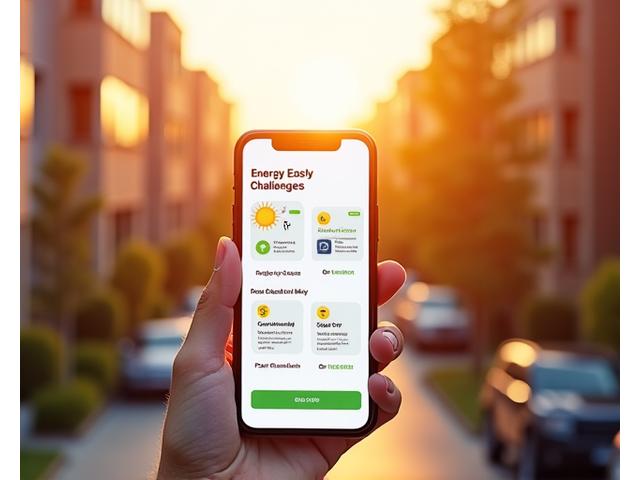 Mobiliosios aplikacijos sąsajos pavyzdys su energijos taupymo funkcijomis, bendruomenės iššūkiais ir atlygių sistema