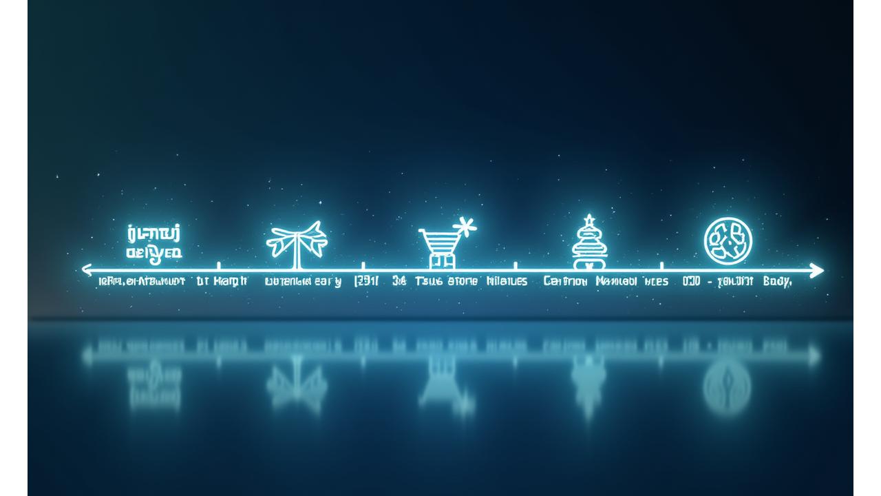 Vizualizuota ateities miesto energijos kelrodžio laiko juosta su interaktyviais etapais ir technologijų piktogramomis, rodanti progresą iki 2030 m.