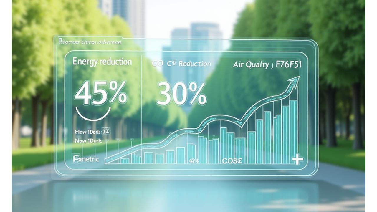 Išmaniojo miesto tvarumo duomenų skydelis su žaliai atspalviais grafikais, CO2 mažinimo indikatoriais ir oro kokybės metrikomis