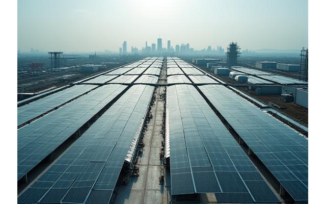 Pramonės kompleksas su dideliu stogu, padengtu perovskito saulės moduliais, atitinkančiais aukštus energijos poreikius