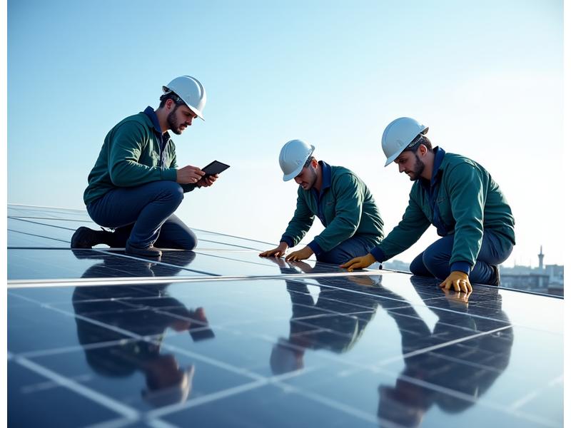 Vizualizuotas, žingsnis po žingsnio, saulės baterijų montavimo procesas ant stogo, su detalių nuotraukomis, rodančiomis technikos specialistus dirbančius su įranga.