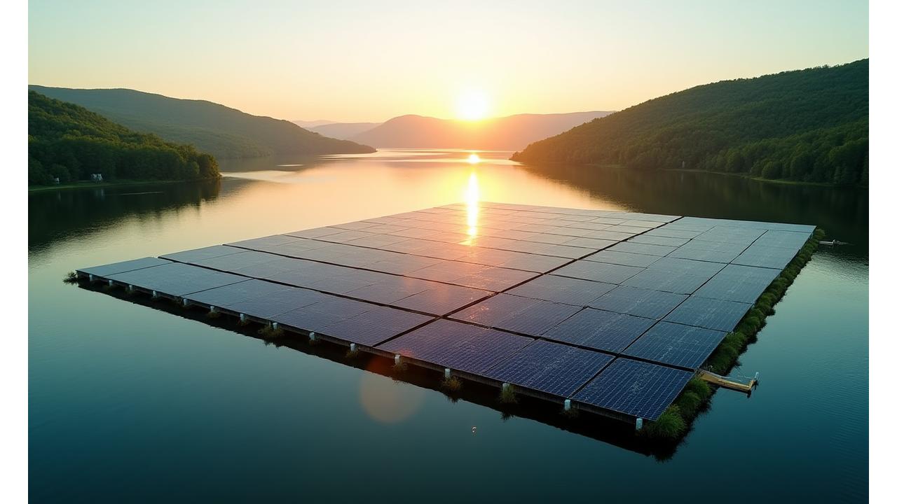 Plūduriuojančios saulės elektrinės Lietuvos ežere su dvipusėmis plokštėmis, saulėtą dieną