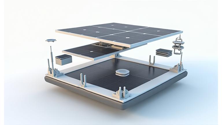 3D perspektyvus plūduriuojančios saulės elektrinės modulinės konstrukcijos vaizdas, detaliai parodantis komponentų išdėstymą.