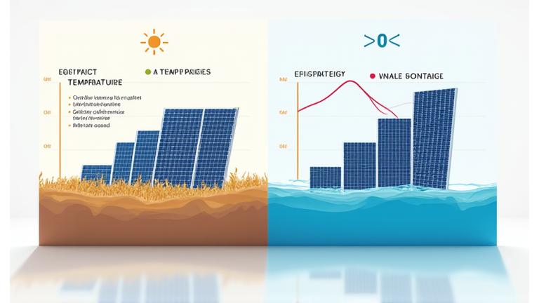 Grafikas, iliustruojantis saulės panelių efektyvumo didėjimą dėl vandens aušinimo, su temperatūros duomenimis.