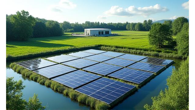 Hibridinė plūduriuojanti saulės elektrinė virš žuvininkystės tvenkinio, su energijos kaupimo sistema krante.